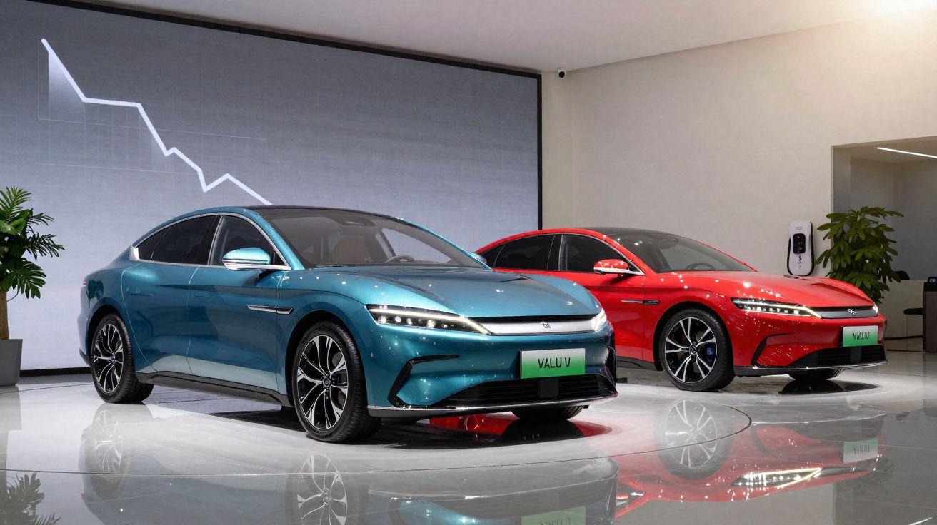 Dois carros elétricos modernos, azul e vermelho, exibidos em ambiente interno com planta e gráfico ao fundo.