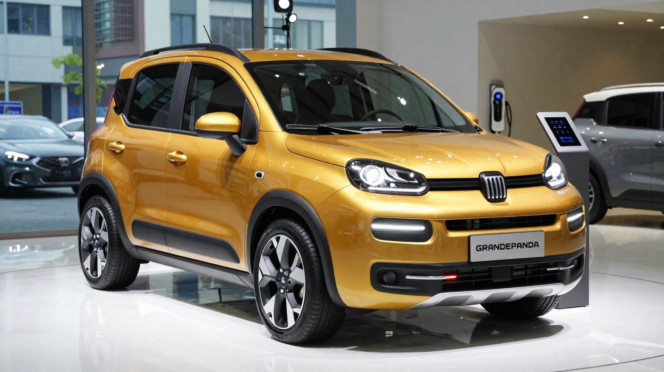 Carro compacto Fiat GrandePanda amarelo exposto em salão, visível de frente e lado.