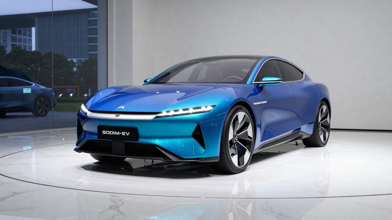 Carro elétrico esportivo azul SODIM-EV exposto em salão moderno com chão branco e parede cinza.