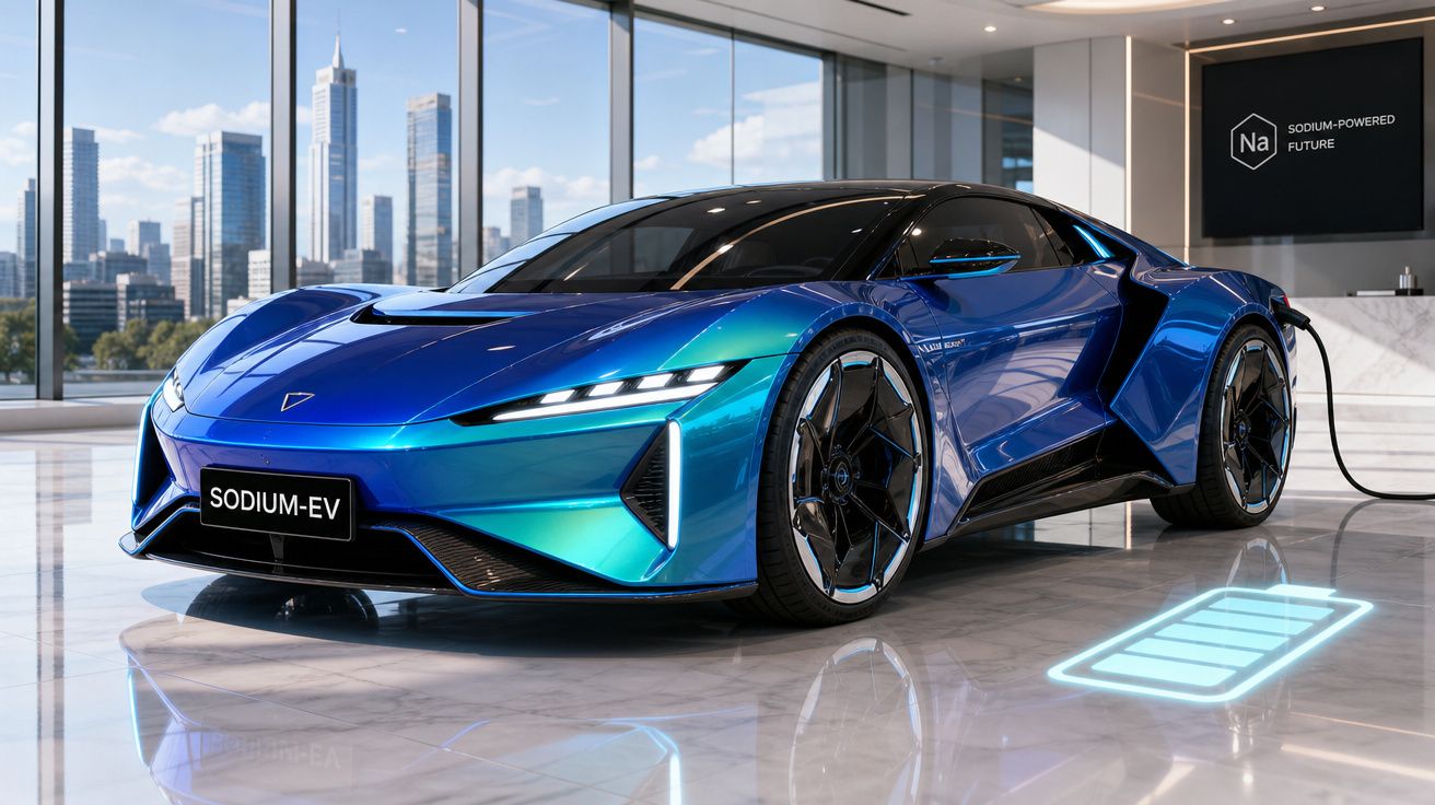 Carro esportivo elétrico azul brilhante conectado a carregador em showroom moderno com vista para cidade.