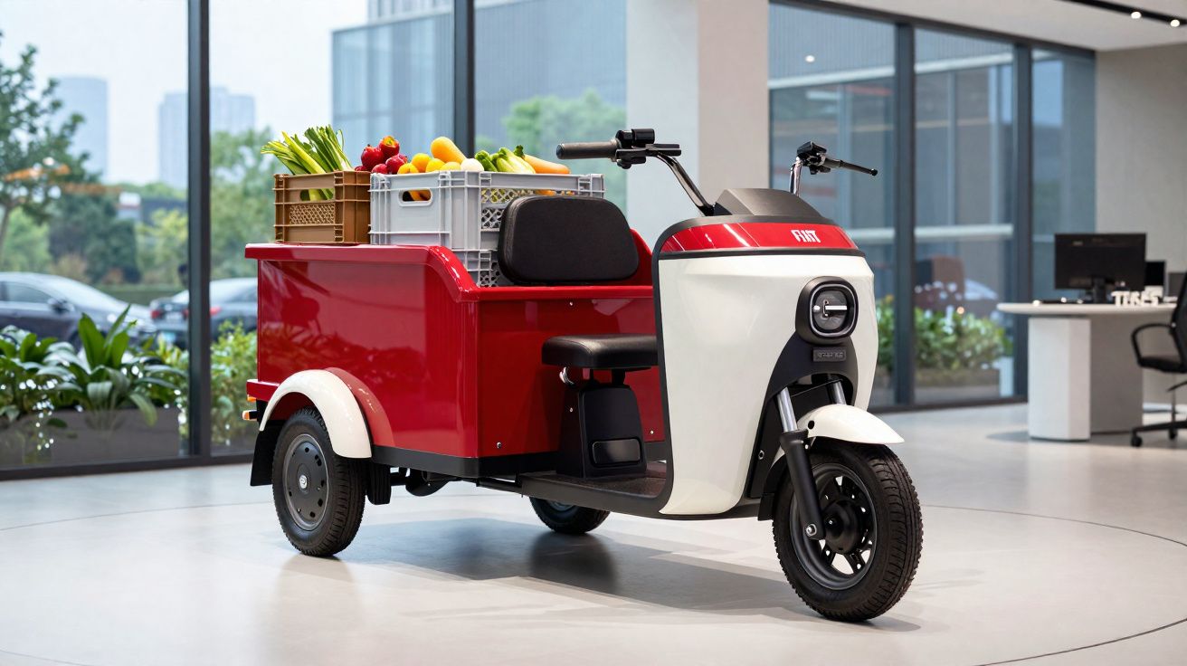 Motocargo elétrico vermelho e branco com caixas de frutas e verduras em ambiente interno moderno.