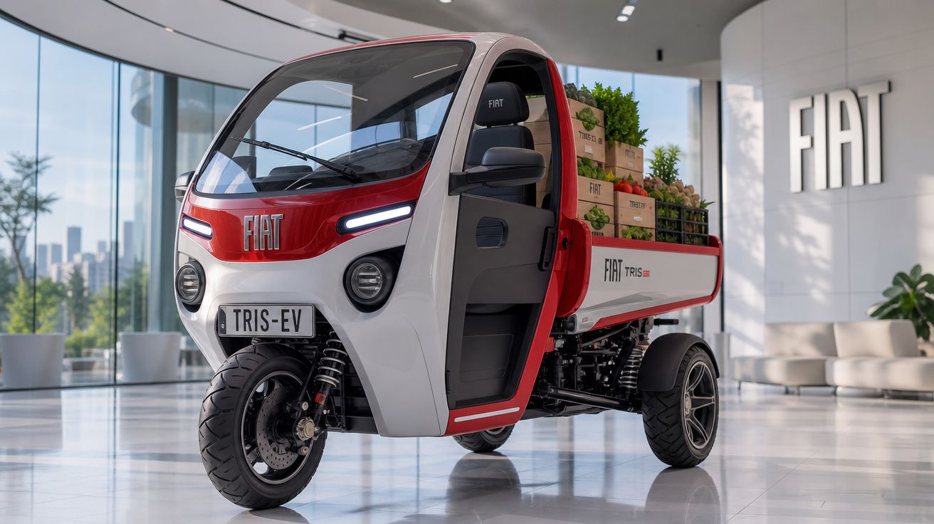 Veículo elétrico Fiat Tris-EV vermelho e branco carregado com caixas de verduras em ambiente interno moderno.