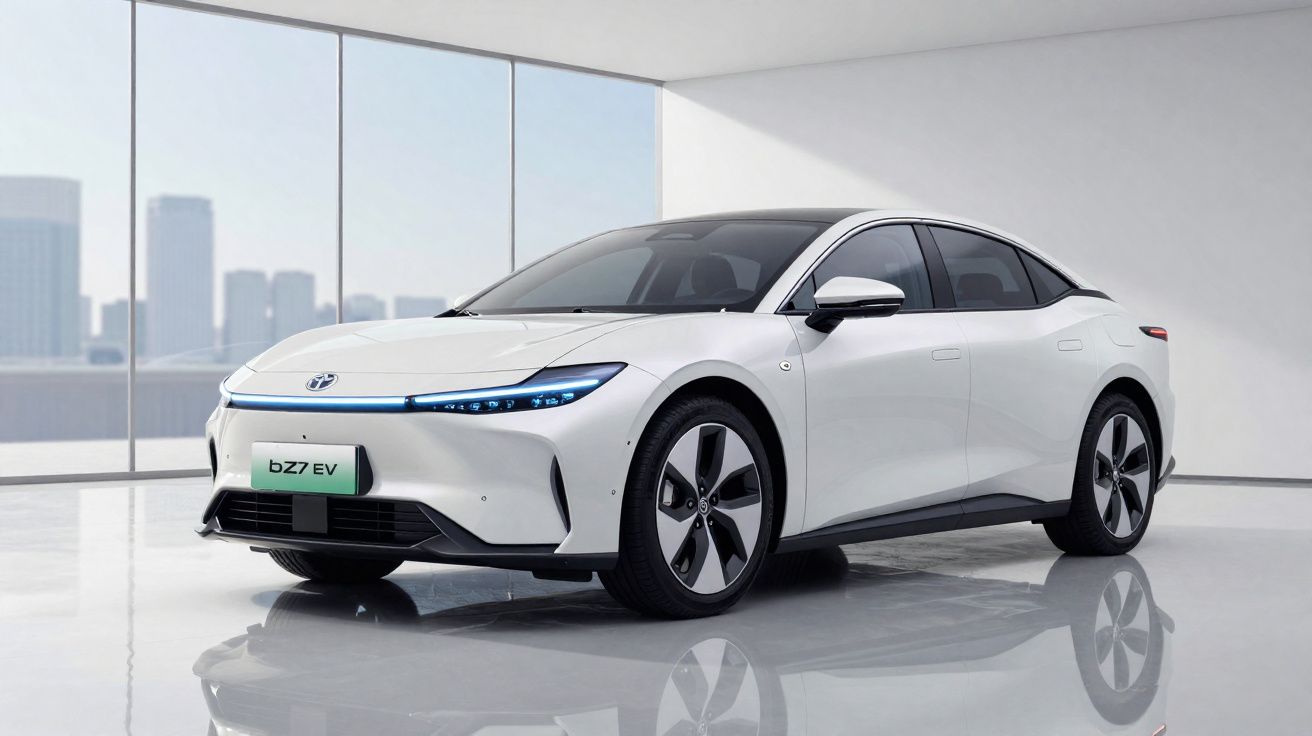 Carro elétrico branco Toyota bZ7 EV estacionado em ambiente moderno com janelas amplas e iluminação natural.