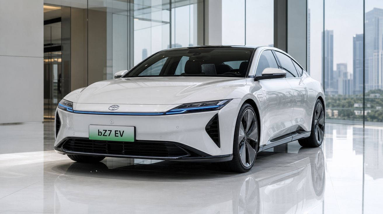 Carro elétrico branco bZ7 EV estacionado em ambiente interno moderno com piso brilhante e janelas grandes.