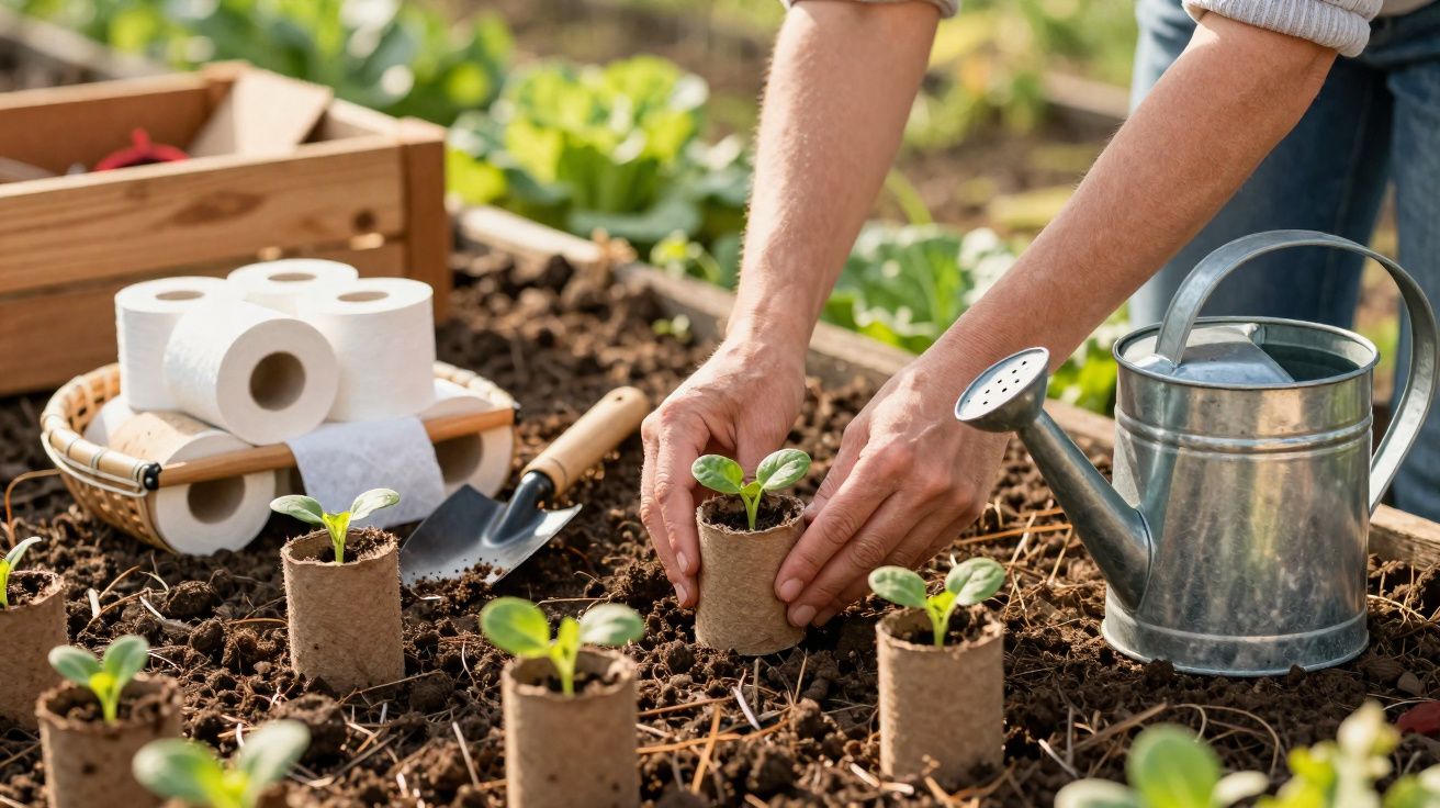 Pessoa plantando mudas em pequenos vasos biodegradáveis em canteiro de terra com regador e ferramentas.