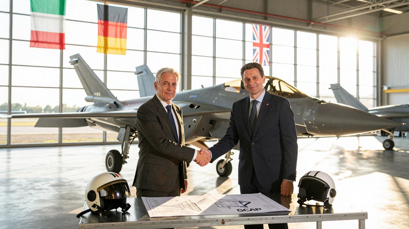 Dois homens de terno apertando mãos em hangar com jato militar e capacetes, bandeiras da Itália, Alemanha e Reino Unido.