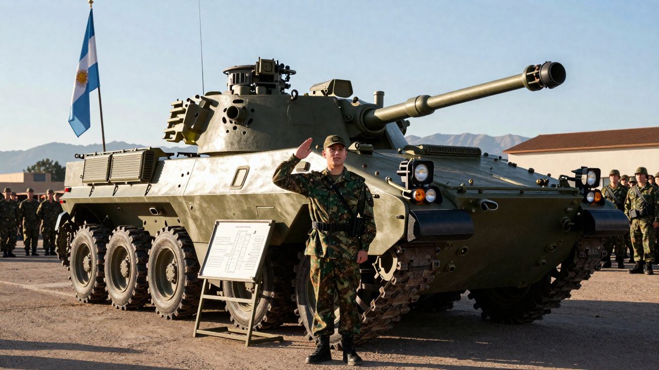 Soldado em uniforme camuflado fazendo continência ao lado de veículo militar blindado com bandeira da Argentina.