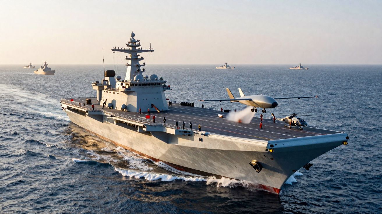 Porta-aviões com drone decolando e helicóptero no convés, acompanhado por navios de guerra no mar.