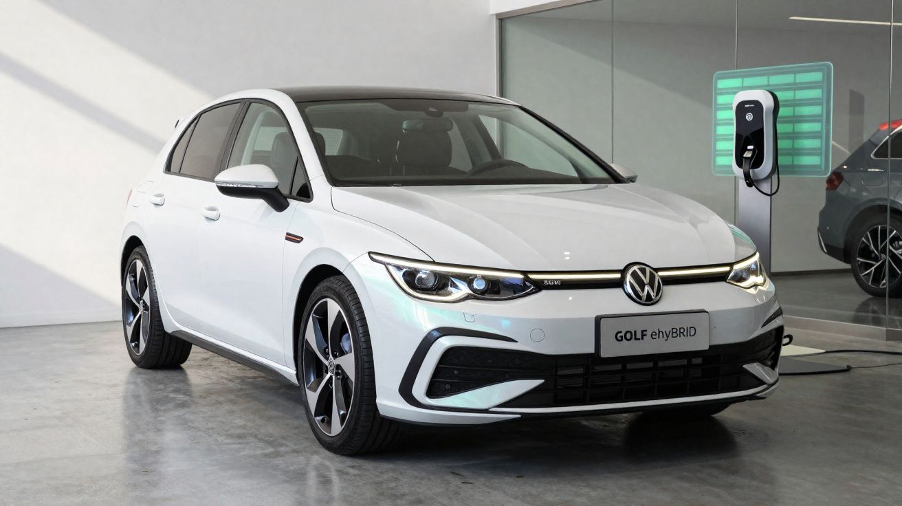 Carro branco Volkswagen Golf eHybrid estacionado no carregador elétrico em showroom moderno.