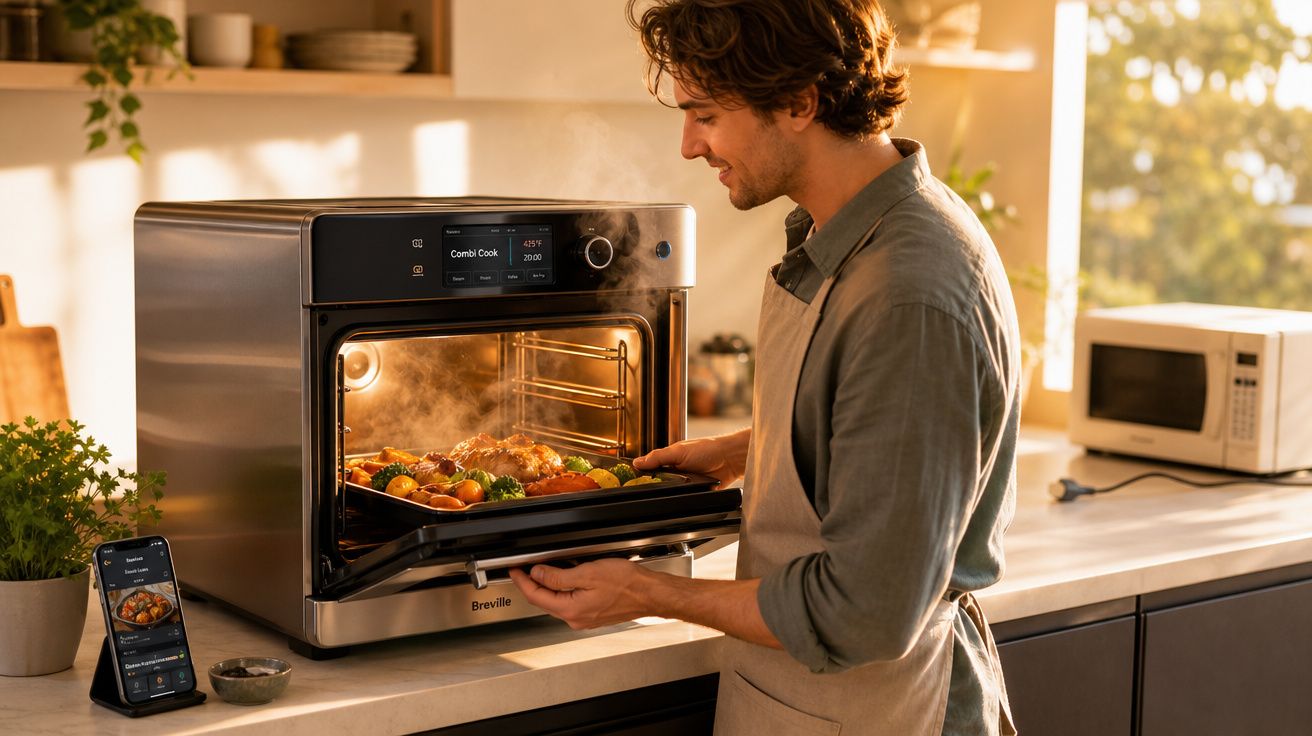 Homem retirando assadeira com legumes e frango assado de forno elétrico moderno na cozinha iluminada.