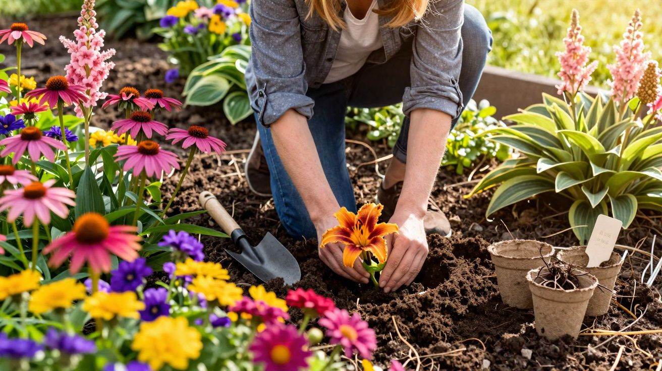Pessoa plantando flor laranja em jardim florido com diversas flores coloridas e ferramentas de jardinagem.