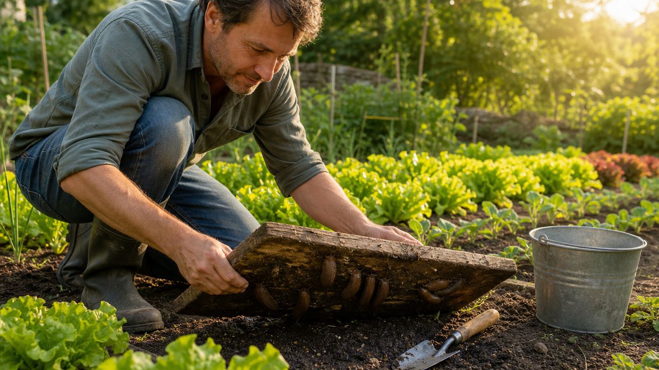 Homem retirando tábua com minhocas da terra em horta com verduras ao redor ao entardecer.