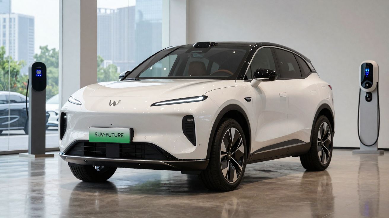 Carro elétrico branco SUV-Future em showroom com duas estações de carregamento ao fundo.