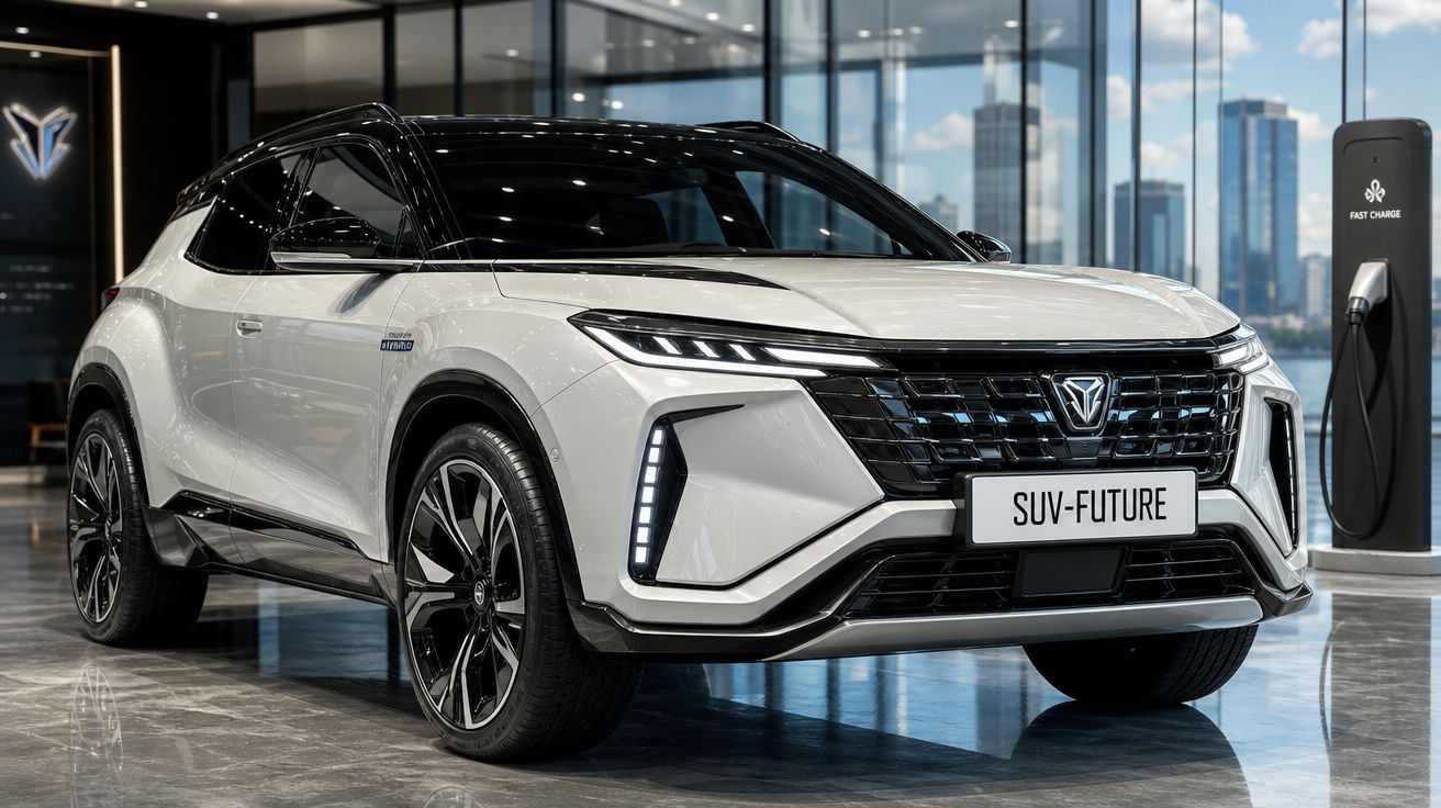 SUV elétrico branco com design futurista em exposição próxima a uma estação de recarga rápida.