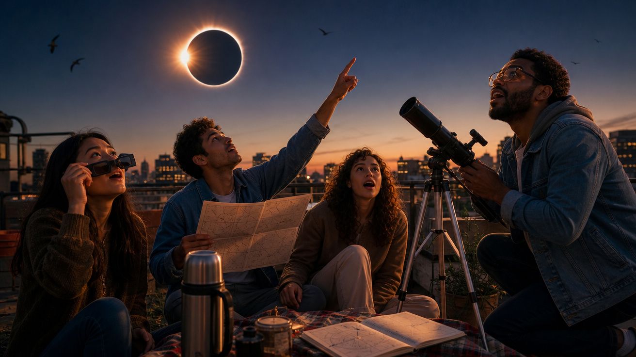 Quatro pessoas observando eclipse solar com telescópio e mapas ao entardecer na cidade.