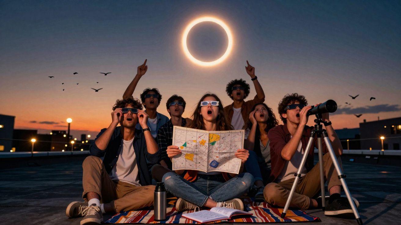 Grupo de jovens observando eclipse solar com óculos especiais e mapa, ao entardecer na cidade.