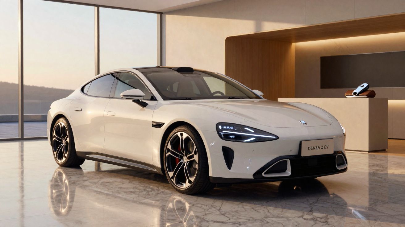 Carro elétrico branco Denza Z EV em ambiente interno moderno e iluminado por luz natural.
