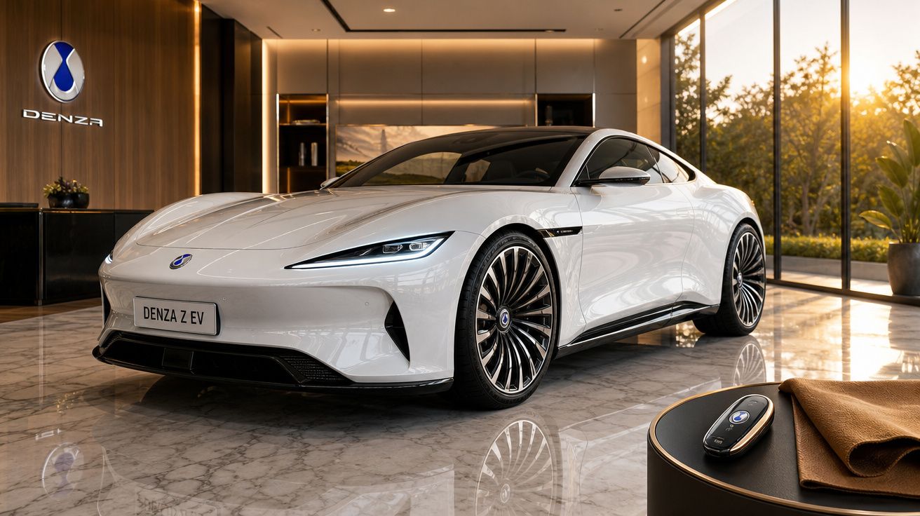 Carro elétrico branco Denza Z EV em showroom moderno com piso de mármore e detalhe de chave na mesa próxima.