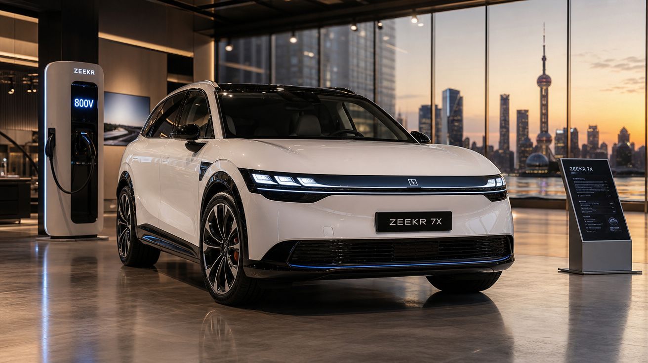 Carro elétrico branco ZEEKR 7X exibido em showroom moderno com janela panorâmica e vista de cidade ao pôr do sol.