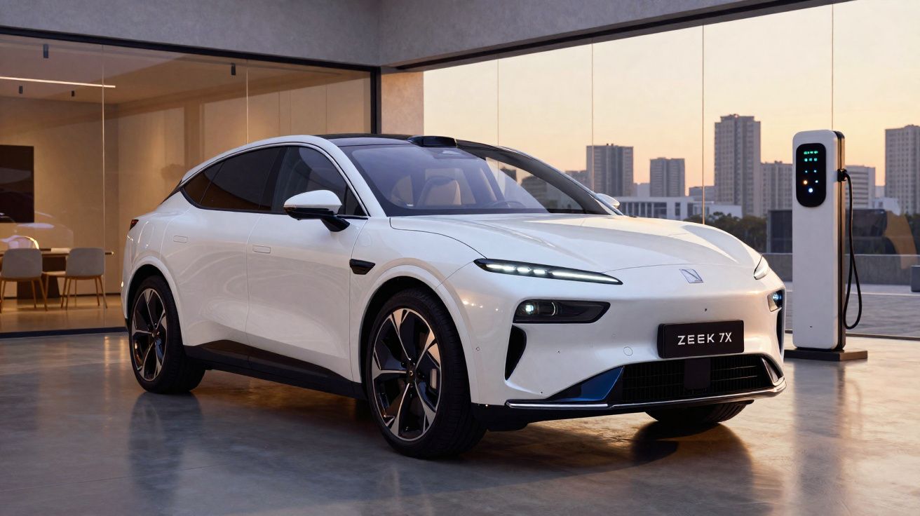 Carro elétrico branco Zeek 7X estacionado em garagem moderna com estação de recarga ao fundo.