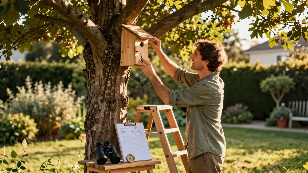 Homem instalando uma casa de pássaros em árvore no jardim durante o dia ensolarado.