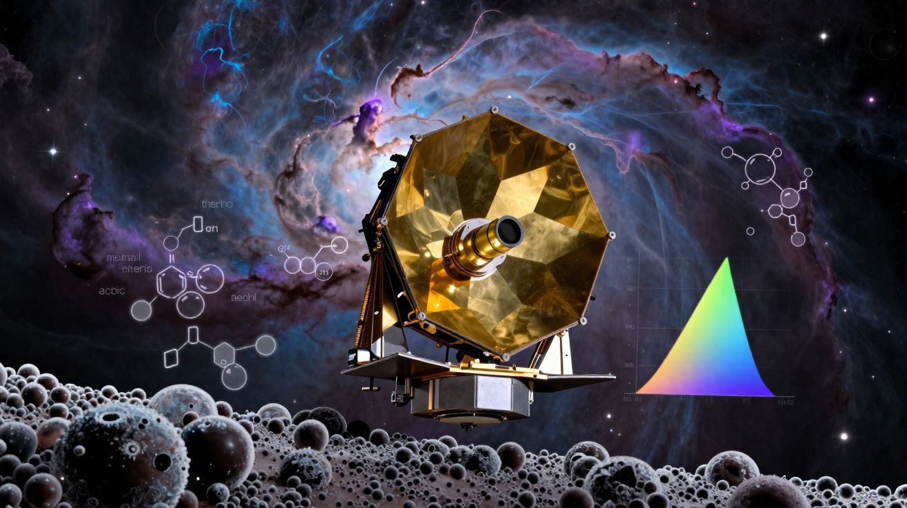 Sonda espacial dourada no espaço com nebulosa colorida, moléculas químicas e triângulo de cores ao fundo.