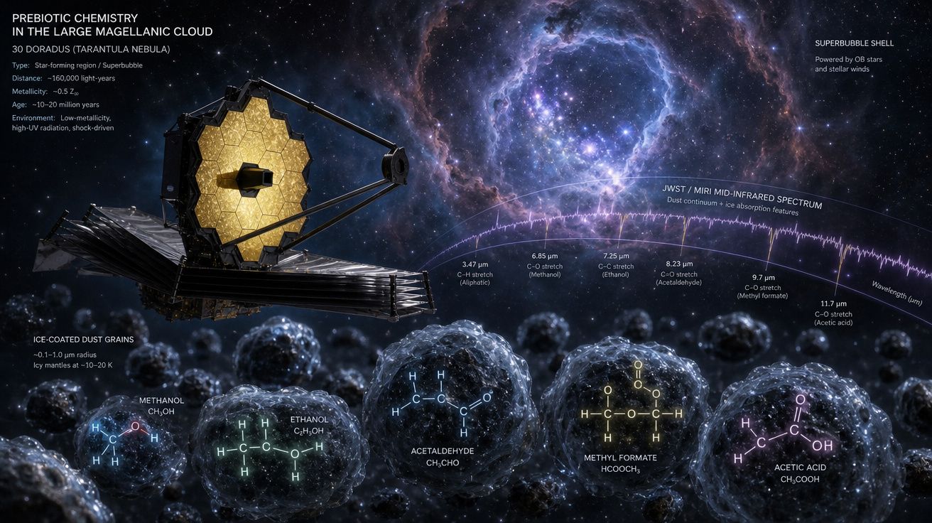 Ilustração do Telescópio James Webb estudando química prebiótica na Nebulosa Tarântula da Nuvem de Magalhães.