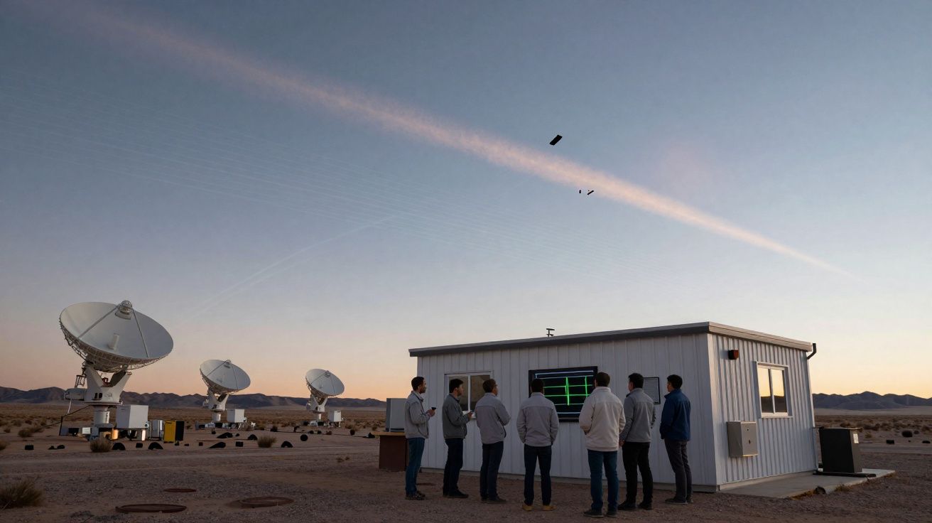 Equipe observa teste de sistema com aviões em voo e antenas parabólicas em área desértica ao entardecer.