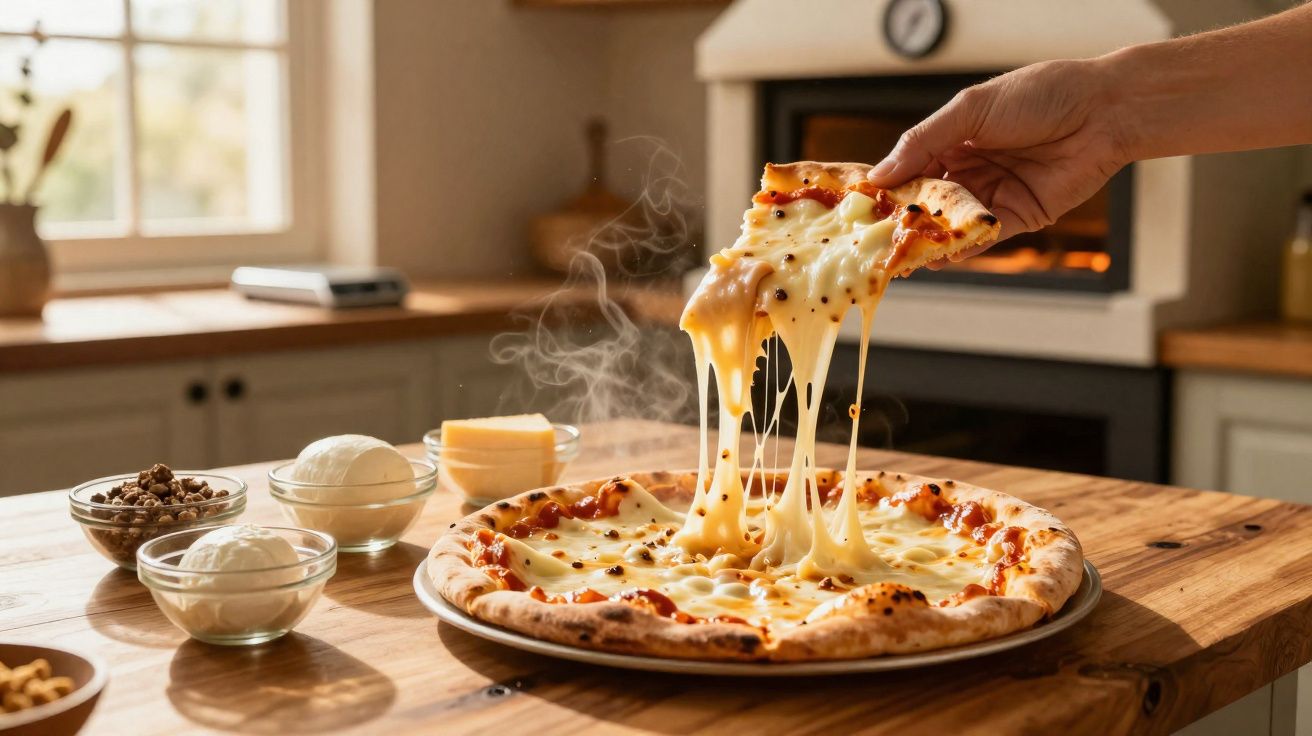 Pizza de queijo derretido sendo servida na cozinha com ingredientes ao fundo.