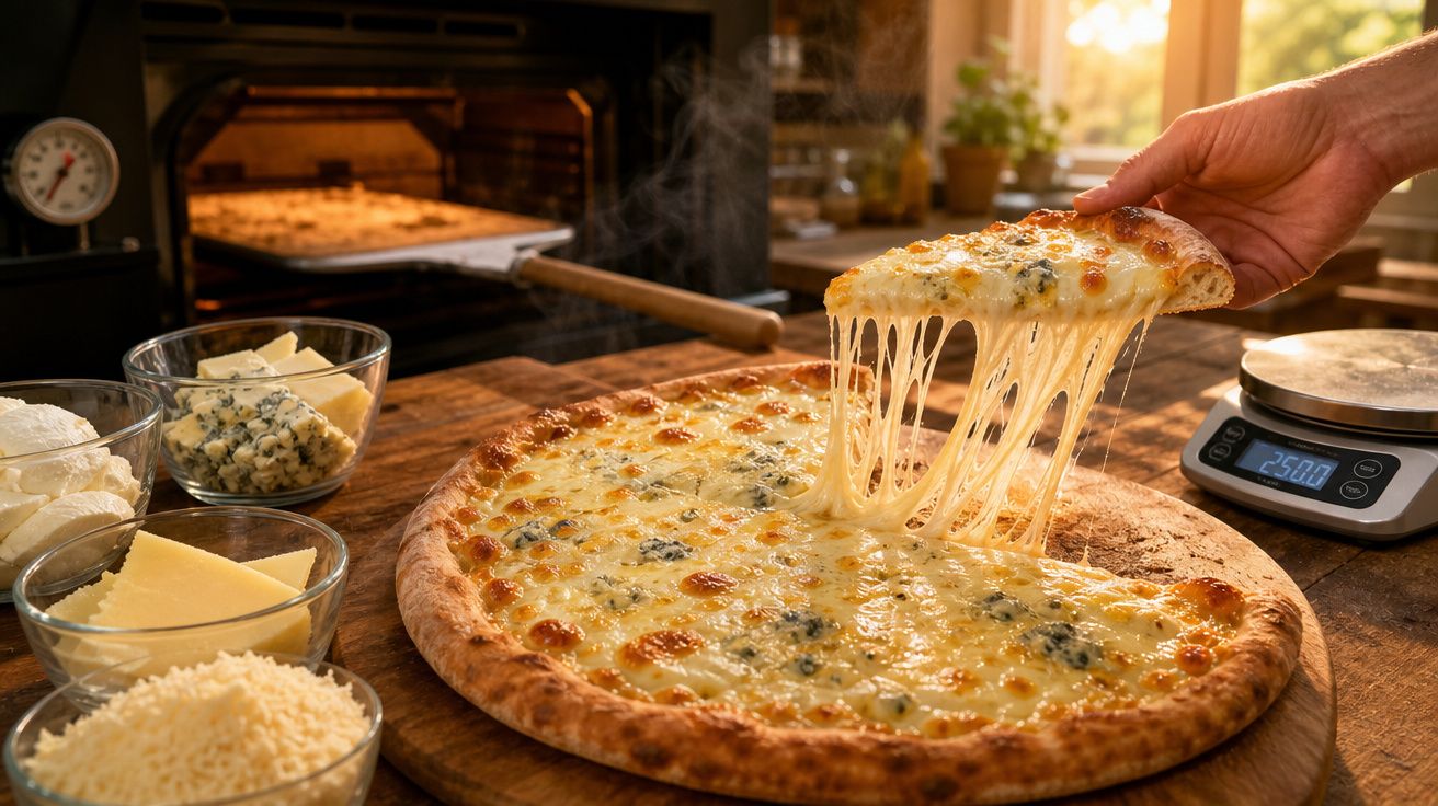 Mão segurando fatia de pizza de queijo com descarga de queijo derretido e forno ao fundo.