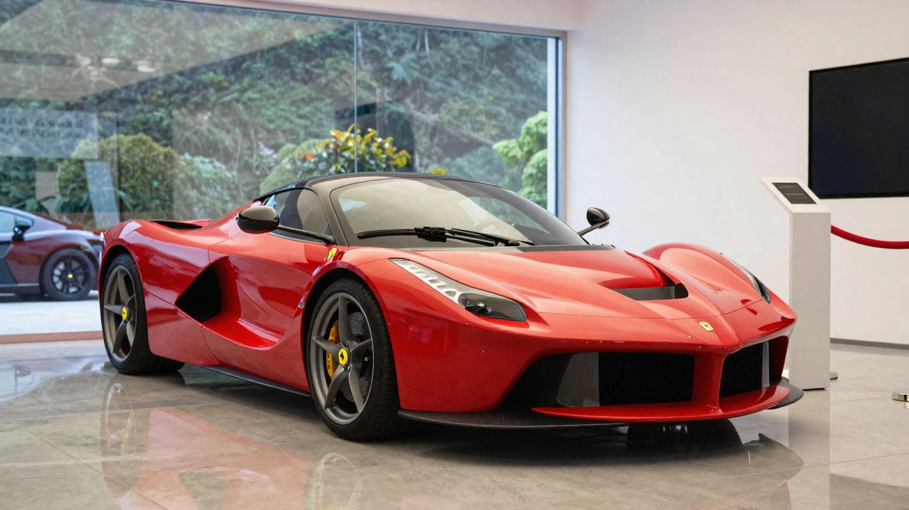 Carro esportivo vermelho Ferrari exibido em salão com piso refletivo e parede de vidro ao fundo.