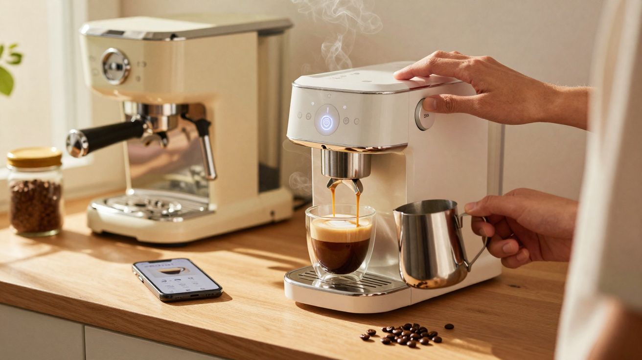 Pessoa usando máquina de café moderna para preparar café expresso em copo de vidro transparente.