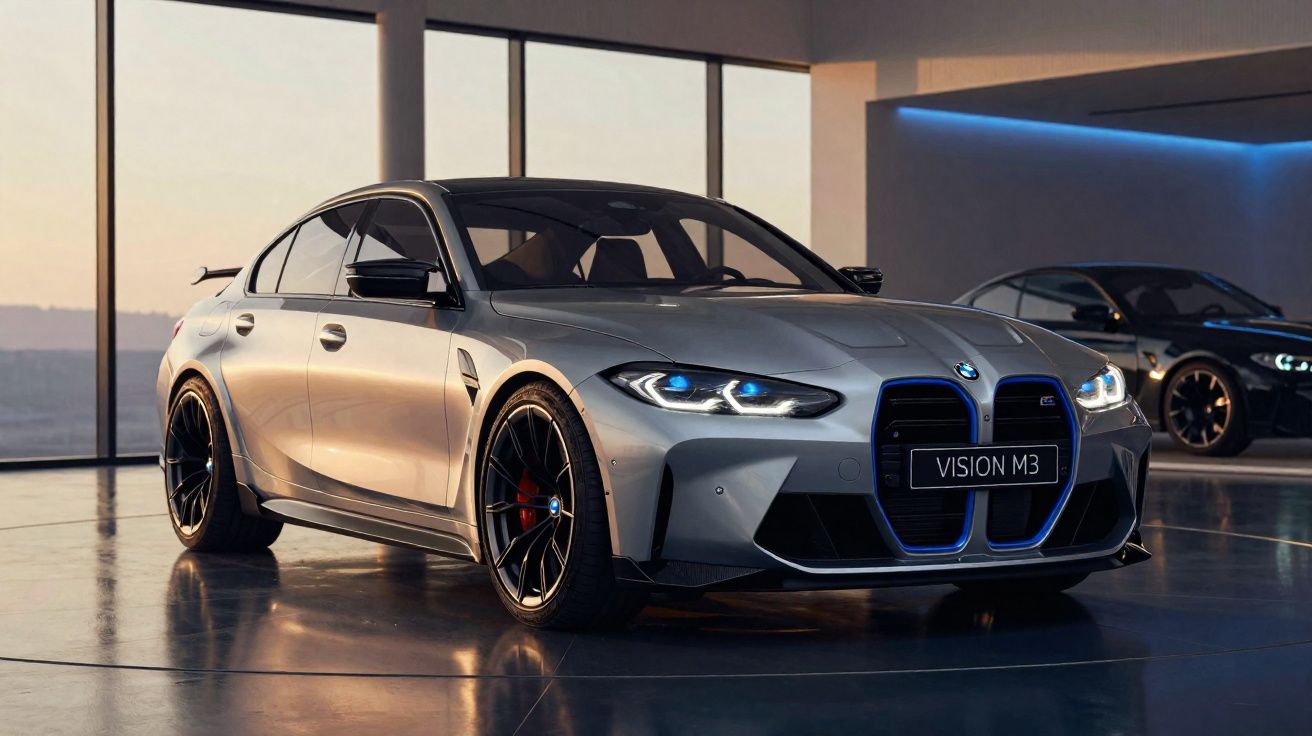 Carro esportivo BMW cinza estacionado em ambiente interno com luz natural e luzes azuis nos faróis dianteiros.