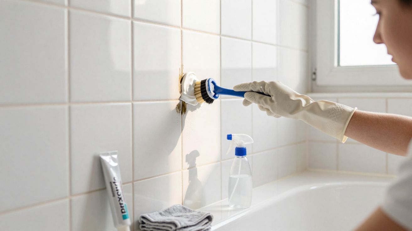 Pessoa usando luva limpa rejunte entre azulejos com escova e spray de limpeza ao lado da banheira.