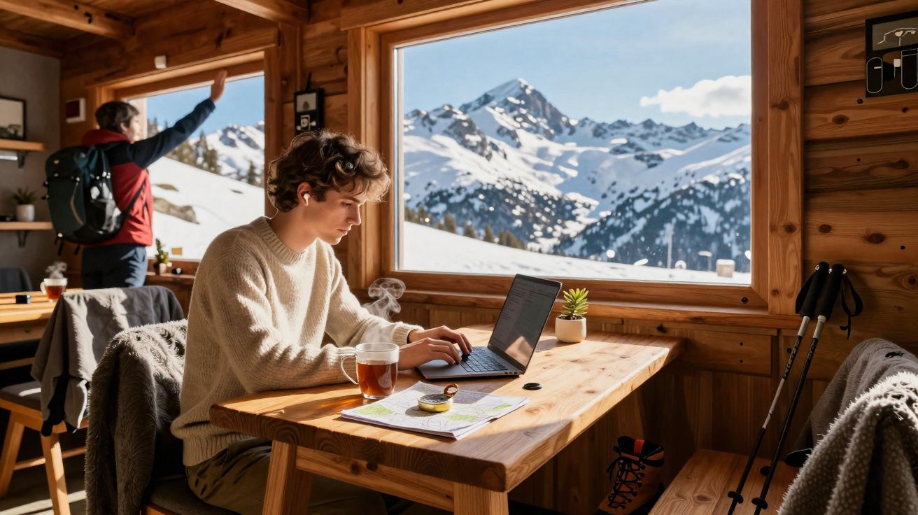 Jovem trabalhando no laptop em chalé de madeira com vista para montanhas nevadas ao fundo.