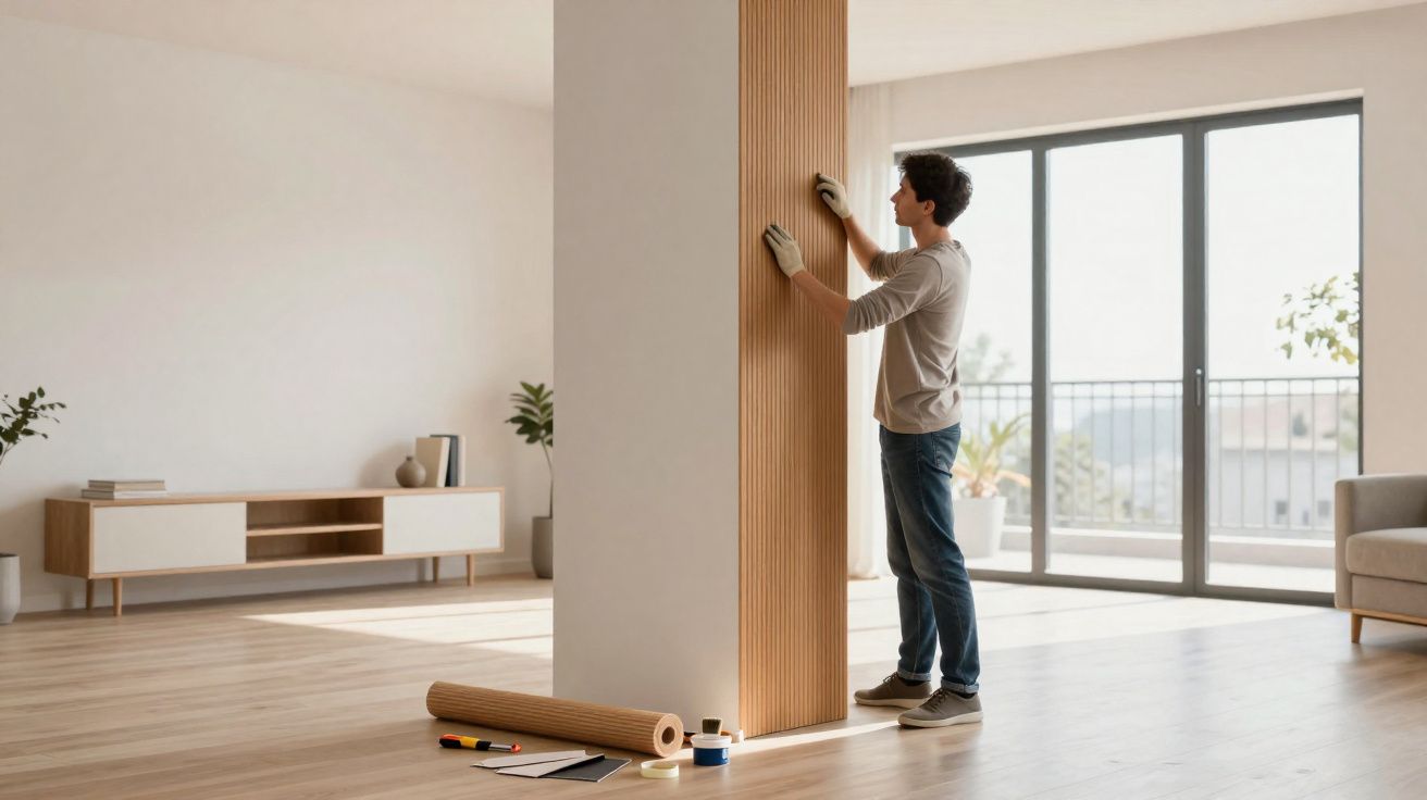 Homem instalando painel de madeira em coluna branca dentro de sala clara com móveis minimalistas.