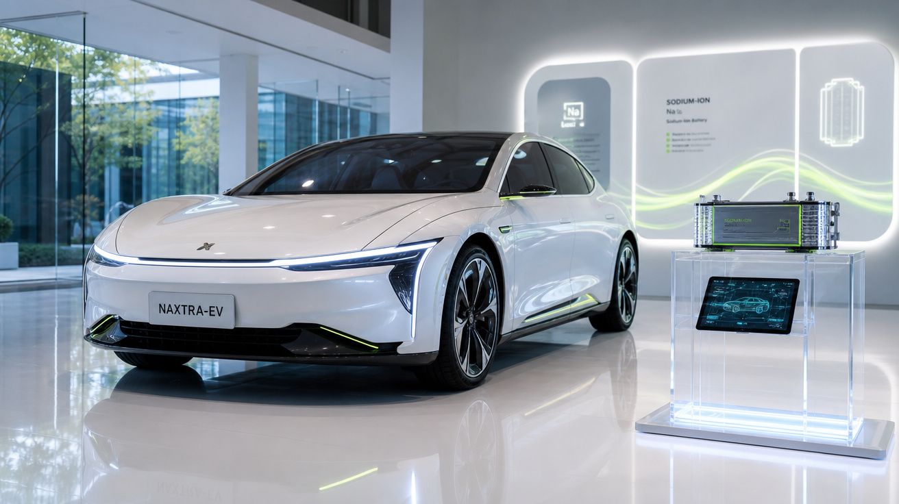 Carro elétrico branco Naxtra-EV exibido em ambiente moderno com bateria de íons de sódio ao lado.