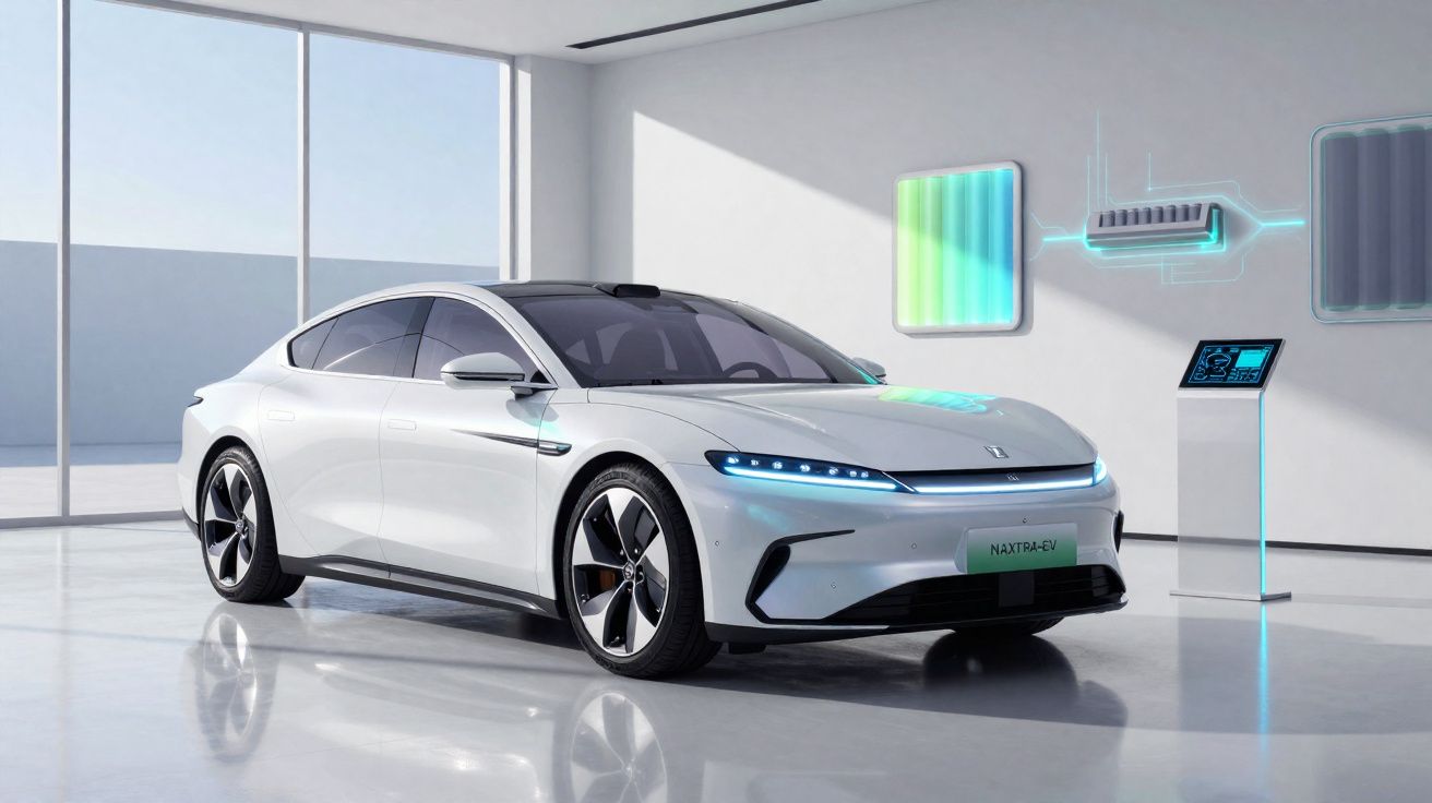 Carro elétrico branco futurista em showroom moderno com iluminação natural e painéis tecnológicos na parede.