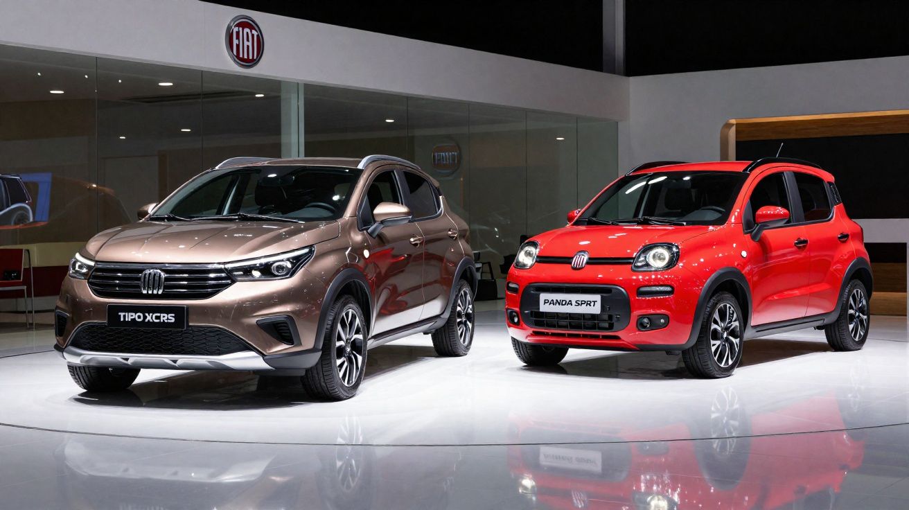 Dois carros Fiat expostos em salão, modelo Tipo XCRS marrom e Panda SRT vermelho.