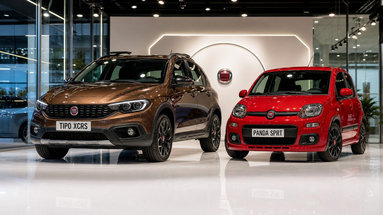 Dois carros Fiat em showroom: SUV marrom Tipo XCRS e hatch vermelho Panda SPRT.