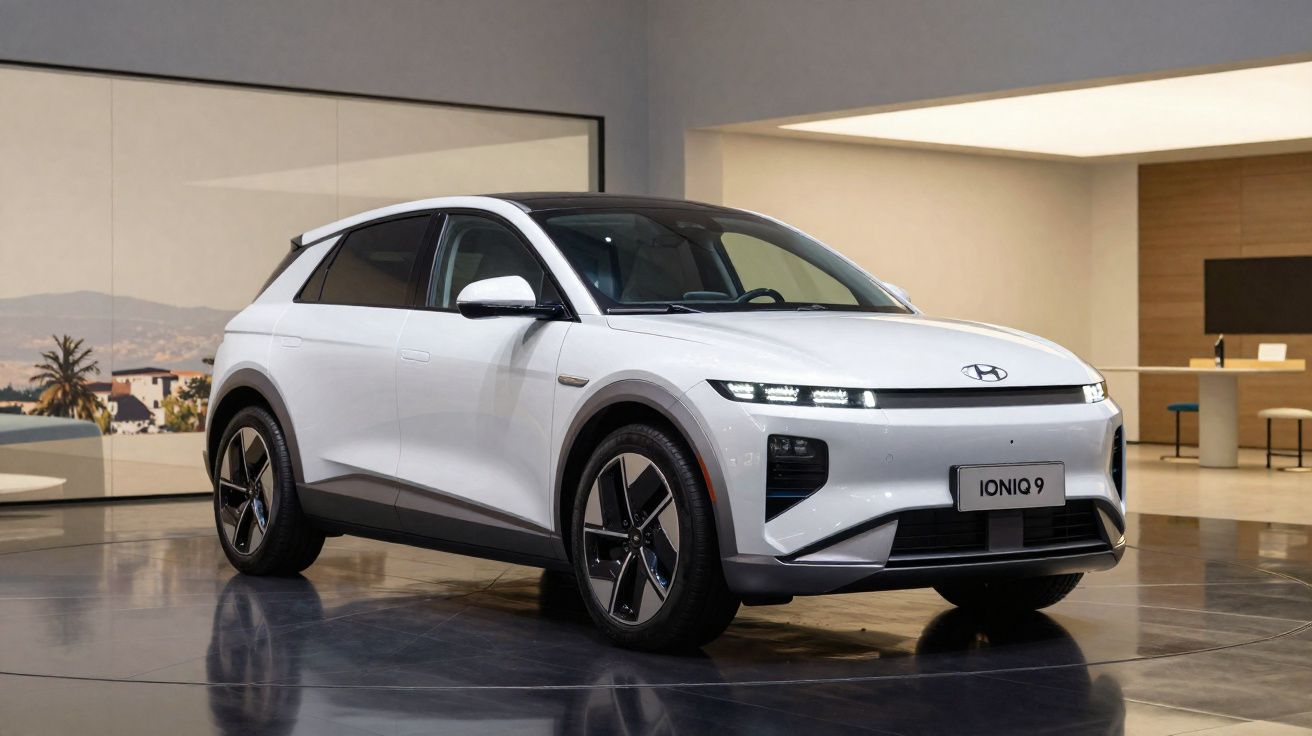 Carro elétrico branco Hyundai Ioniq 9 exposto em ambiente interno moderno.