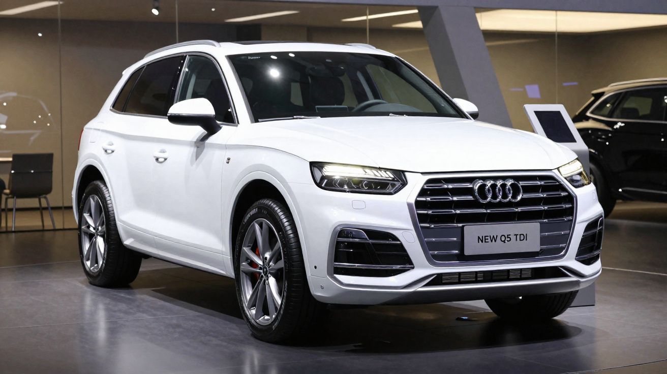 Audi Q5 TDI branco estacionado em ambiente interno com iluminação artificial.