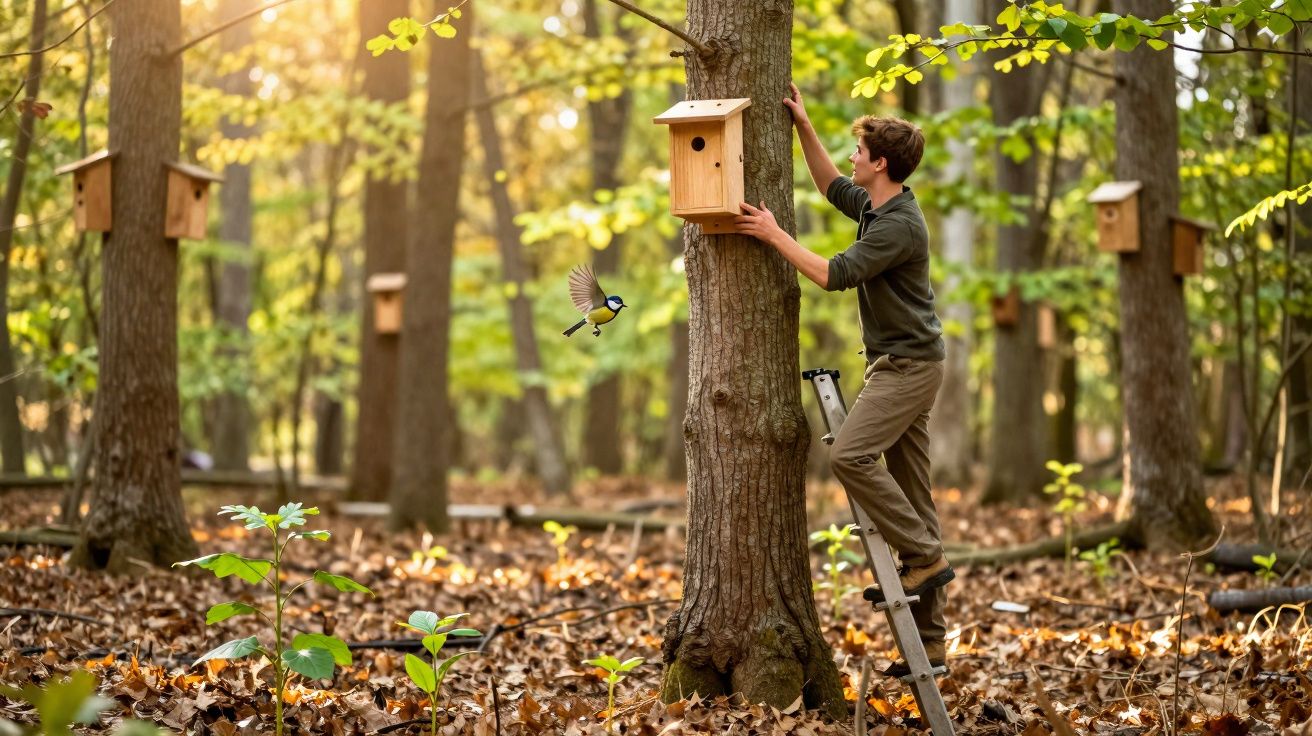 Jovem em escada instalando casinha de pássaro em árvore no bosque durante o outono, com pássaro voando.