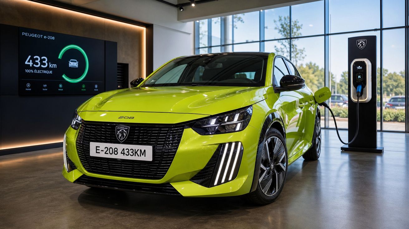 Carro elétrico Peugeot e-208 verde carregando em estação com painel mostrando autonomia de 433 km.