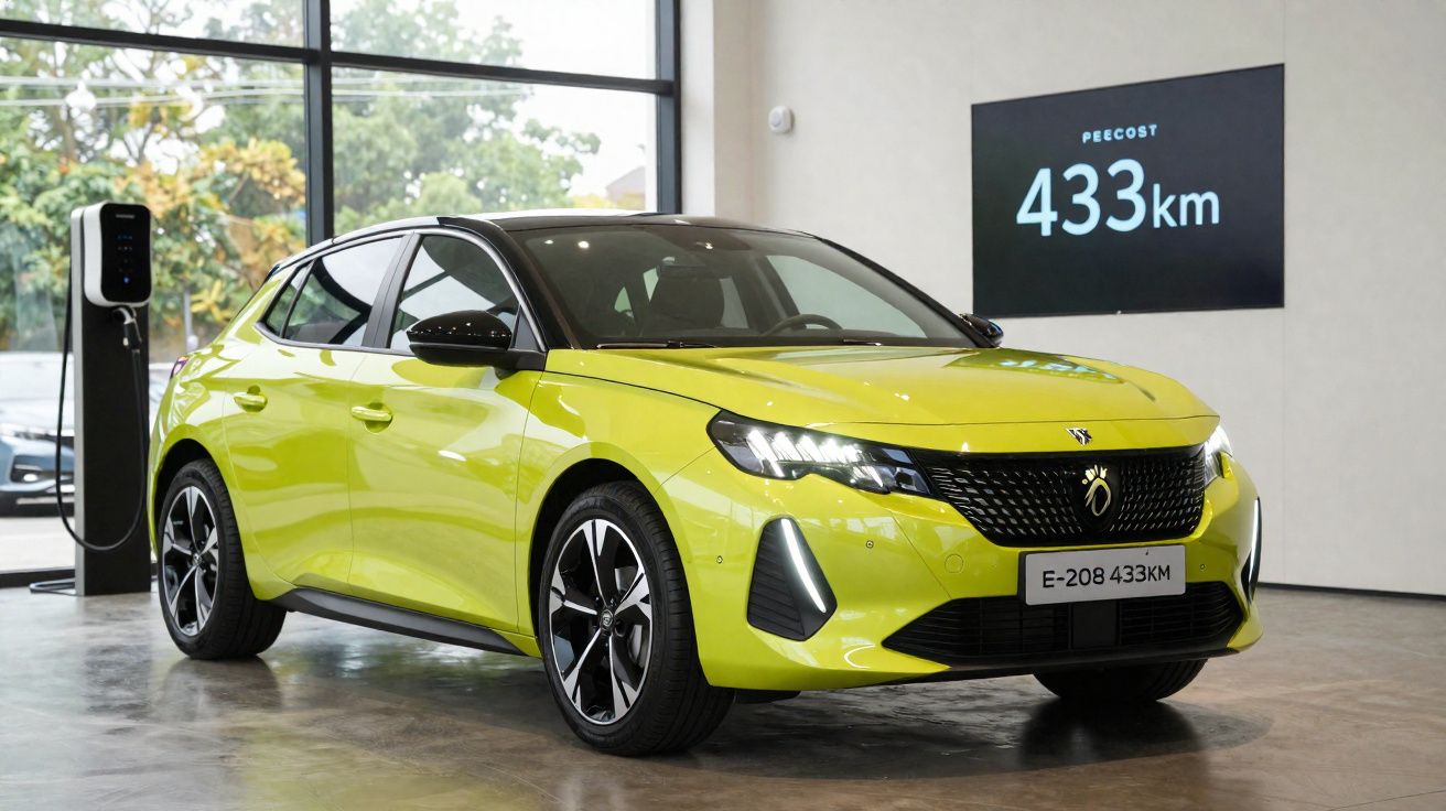 Carro elétrico amarelo claro com teto preto em showroom próximo a estação de recarga.