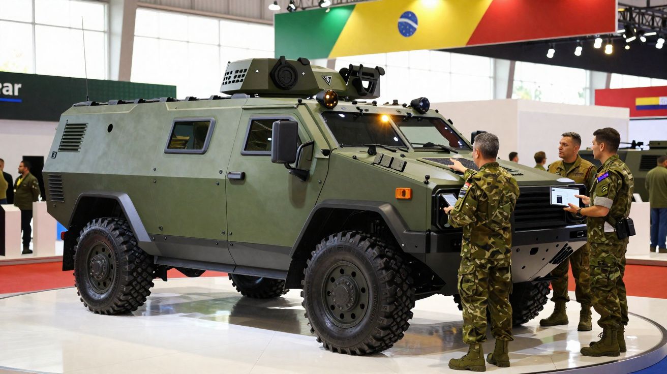 Veículo militar blindado verde com soldados em uniforme camuflado em exposição interna.