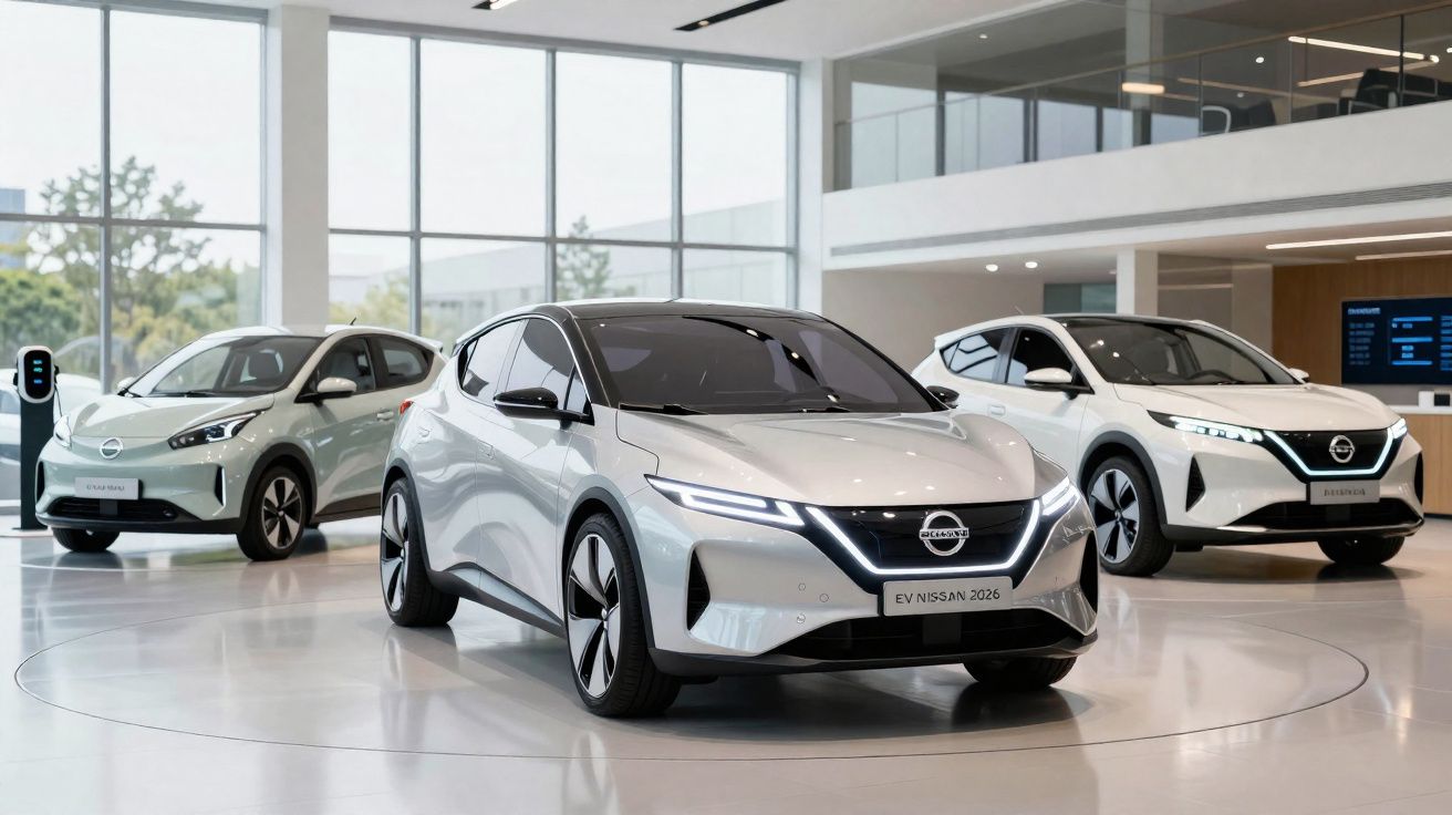 Três carros elétricos Nissan modernos expostos em showroom com luz natural e piso branco brilhante.