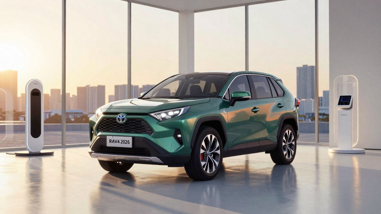 SUV Toyota RAV4 2026 verde em showroom moderno com grandes janelas e equipamentos de carregamento ao redor.