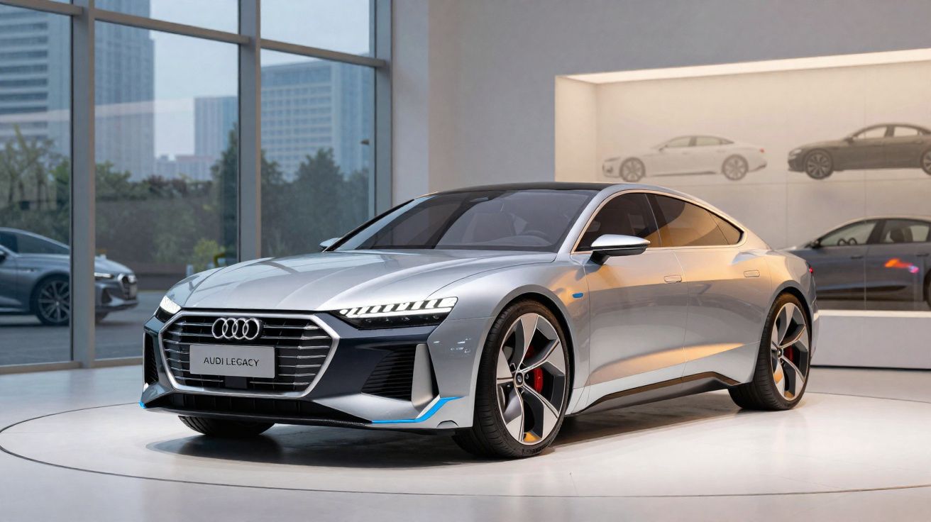 Carro Audi Legacy prata em exposição, interior moderno com janelas grandes e prédios ao fundo.