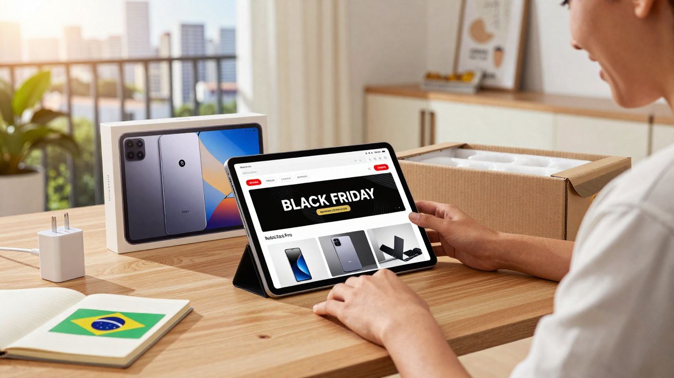 Pessoa usando tablet para acessar site de promoções Black Friday com celular e carregador sobre mesa.